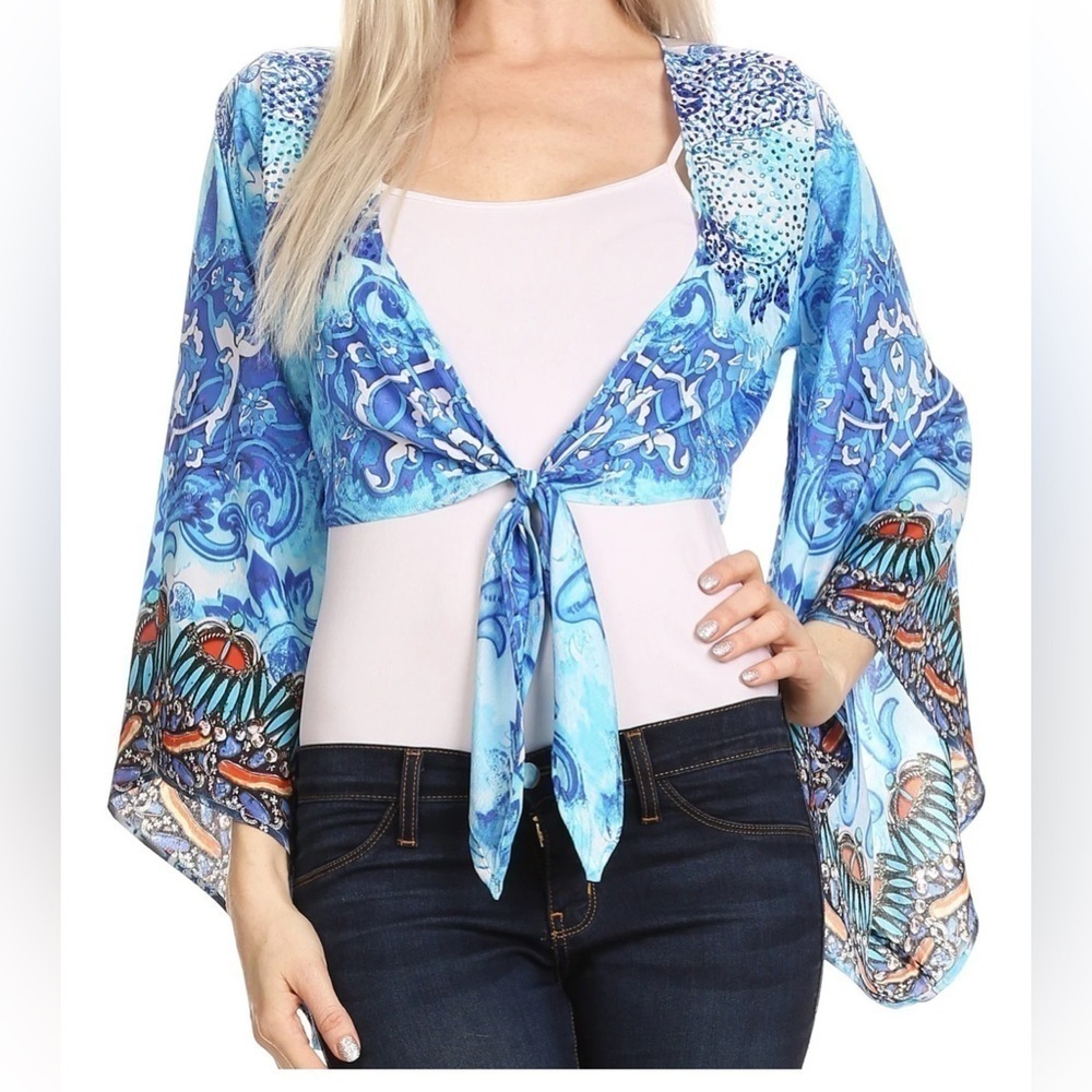 NWT Sakkas Amita Printed Embellished Kaftan Front Tie Kimono Sleeve Crop Top